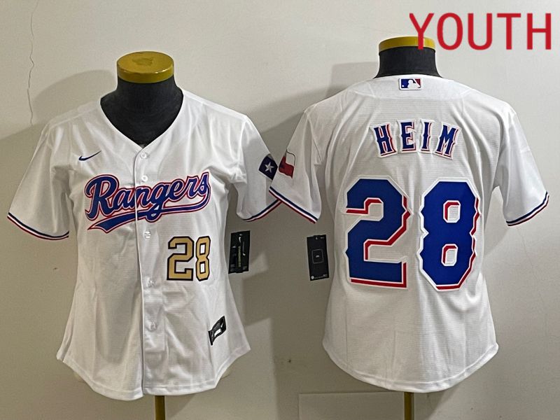 Youth Texas Rangers 28 Heim White Nike Game 2024 MLB Jersey style 3